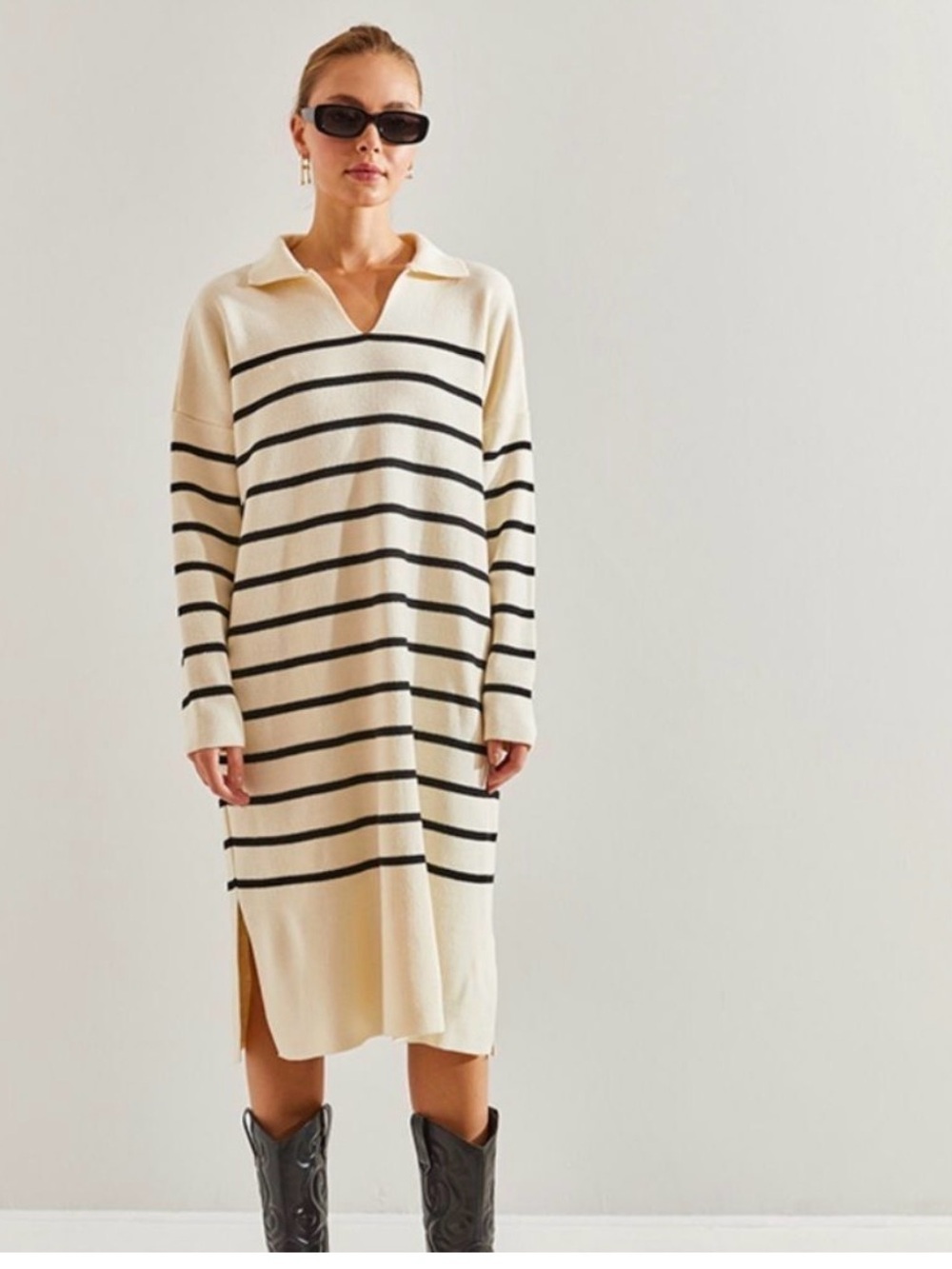 Nordstrom Merino Wool Organic Cotton Cream Navy Coastal Striped Preppy Dress sm